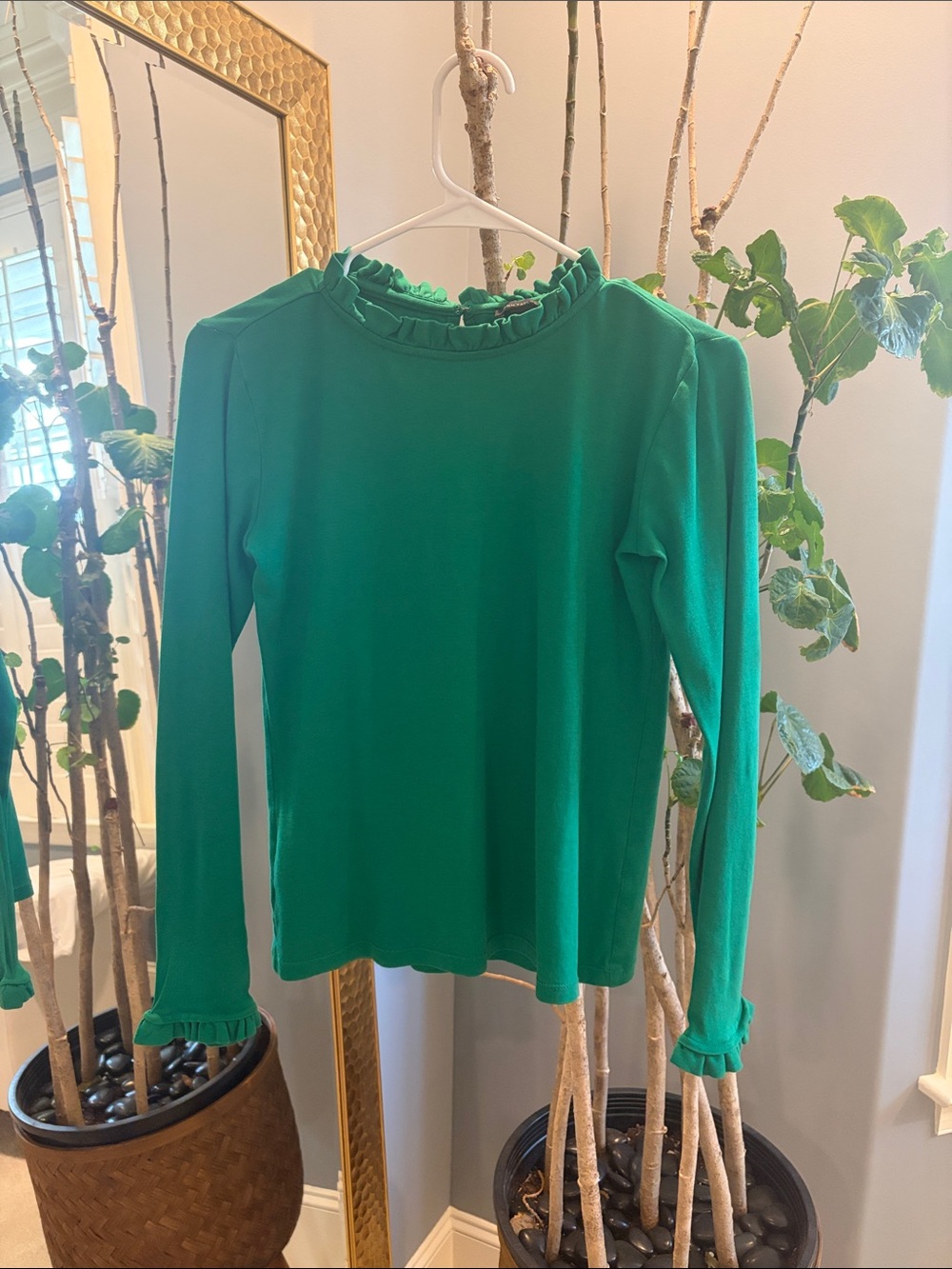 Ann Taylor Emerald Green Long Sleeve Ruffle-Neck Top